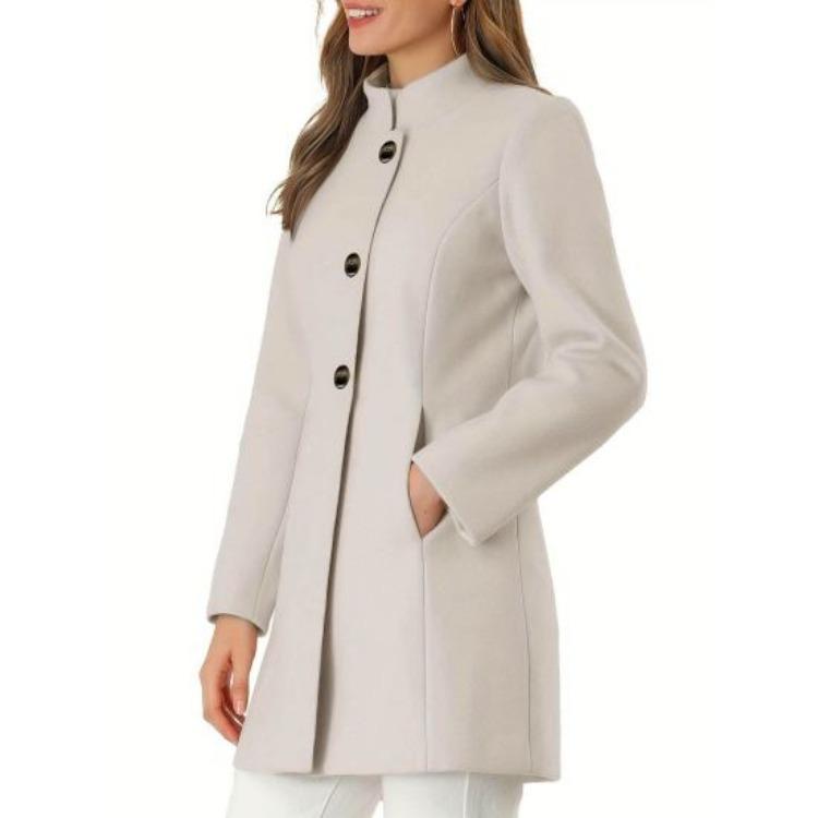 Winter Women Overcoat Stand Collar Long Sleeve Warm Thick Mid Length Coat with Pockets Fall Lady Jacket Neck Protection Single Breasted