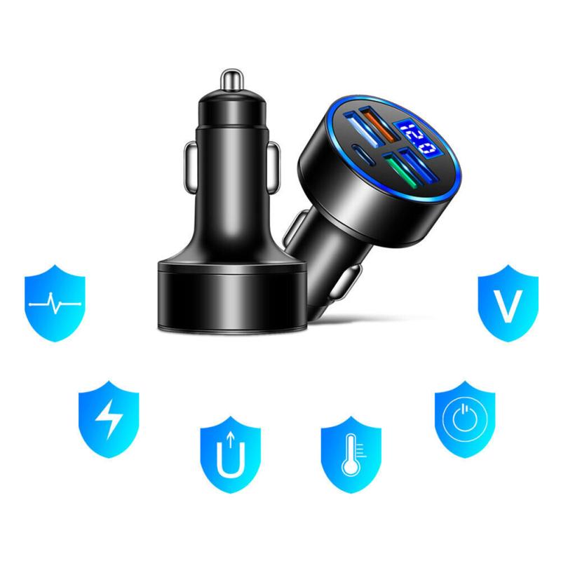4 Usb Port Type-c Fast Car Charger Led Digital Display Real Time Monitor With Voltage Detection
