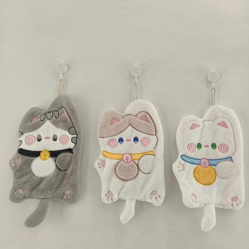 Cartoon Lucky Cat Coral Fleece Hand Towel for Kids - Thick & Hanging Type for Kitchen/Bathroom