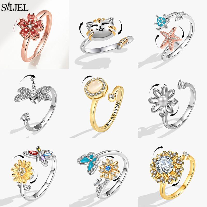 Luxury Anti Stress Anxiety Rings Fidget Spinner Ring Adjustable for Women Cute Flower Cat Starfish Ring Rotating Freely Jewelry