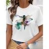 European Size Women's Casual Dragonfly Watercolor Print T-Shirt - Breathable Summer Short Sleeve Round Neck Top,