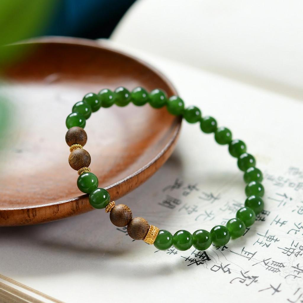 Chinese Style Hetian Jade & Agarwood Bracelet with 925 Silver Spacers