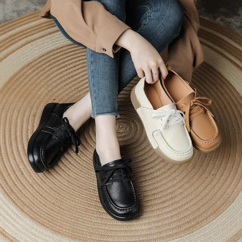 Women Casual Laceup Loafers Comfort Soft Sole Daily Walking Shoes Fashion Round Toe Flat Genuine LeatherShoes Outdoor Travel