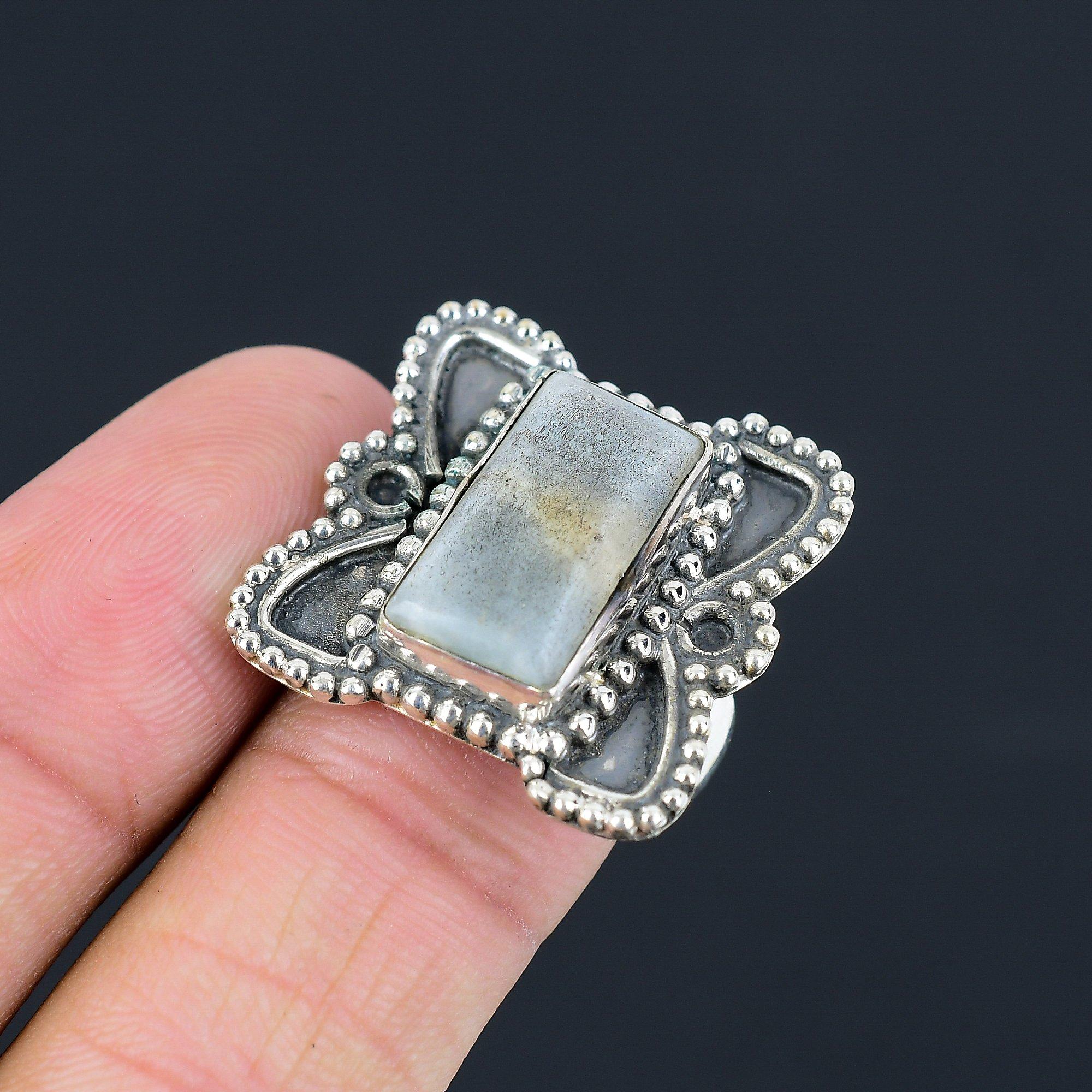 Natural Gray Jasper 925 Sterling Silver Daughter Multi Stone Ethnic Ring Jewelry 9