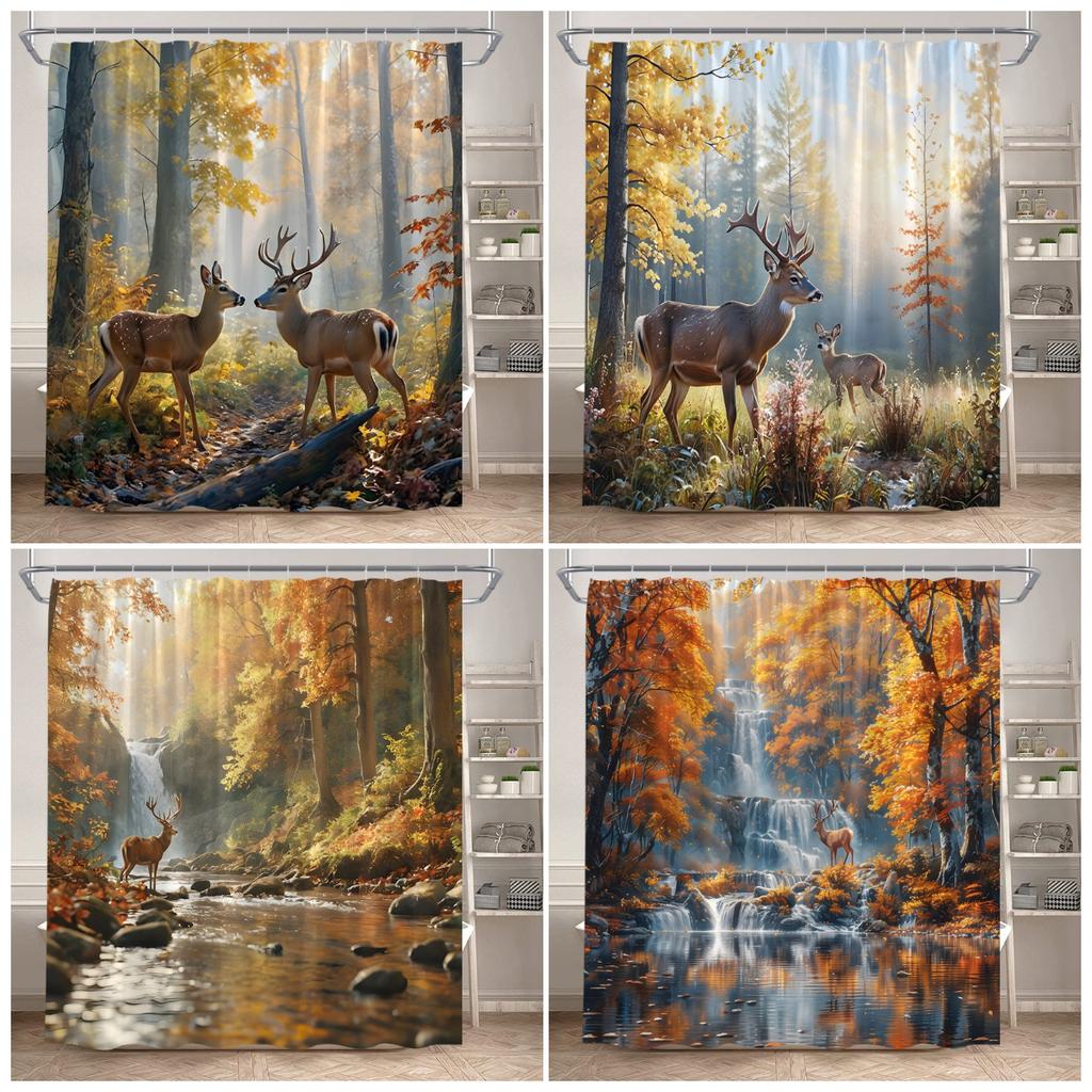 Herbstwald Elch Duschvorhang Rustikal Rot Ahorn Bäume Wasserfall Wildtiere Herbstlandschaft Badvorhänge Heim Badezimmerdeko