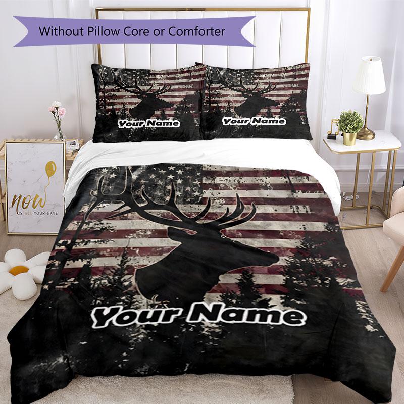 3PC Custom Name American Deer Flag Bedding Set Duvet Cover Closure Includes 1 Duvet Cover & 2 Pillowcases for Bedroom