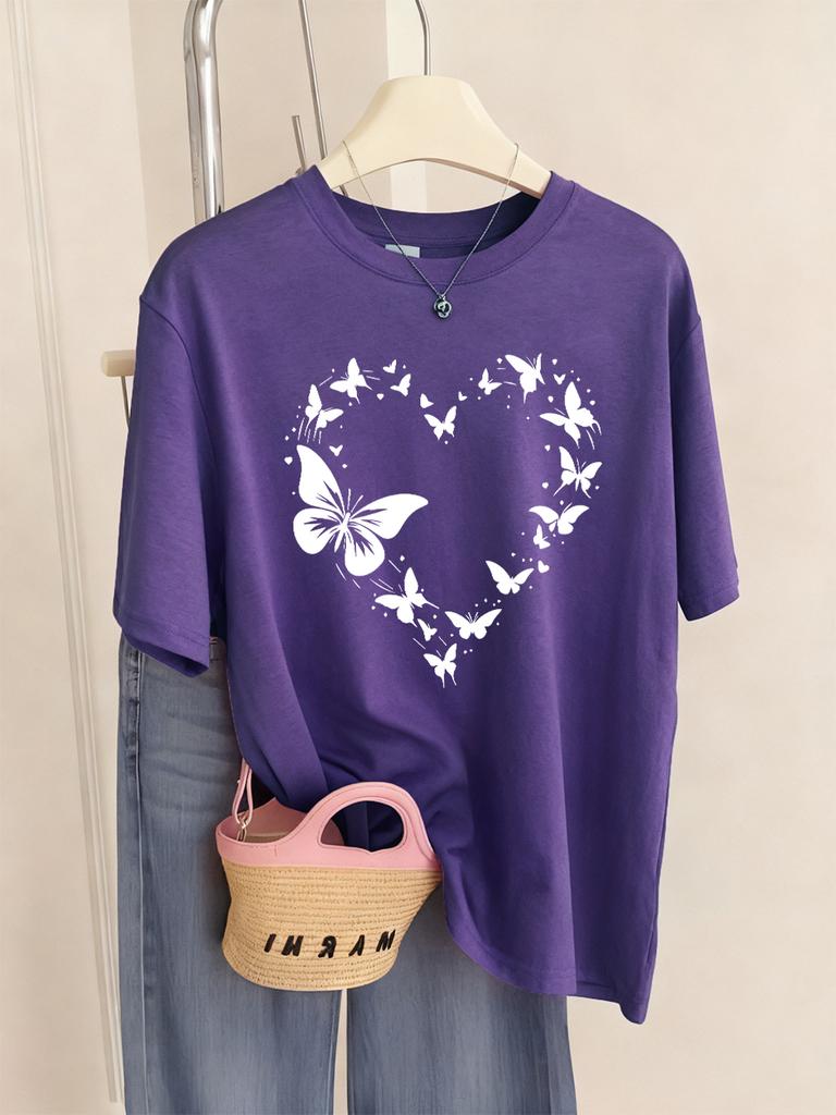 Schmetterling Herz Bedruckte T-Shirts Damen Lässig Weiche T-Shirts Locker Bequem Kurzarm Oberteile Sommer O-Ausschnitt Damen Kleidung