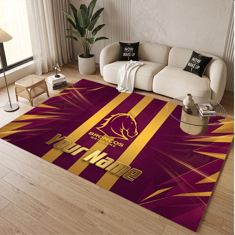 Custom Rug Brisbane Broncos Pattern Print Name Text Soft Non‑Slip Floor Carpet for Home Indoor Decoration
