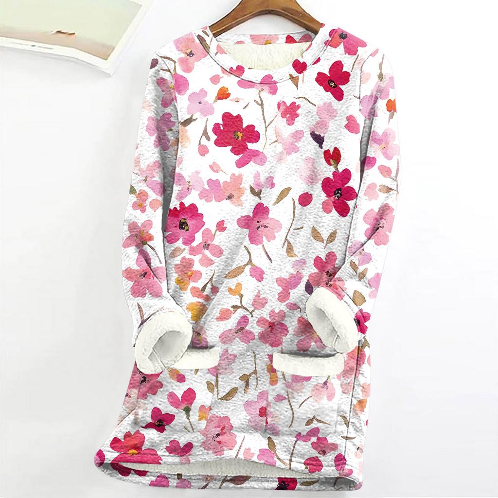 Dámský top s kulatým výstřihem s potiskem, zahuštěný plyšový kašmírový hřejivý dlouhý top