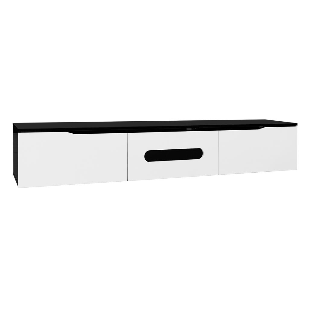 Black-White TV Cabinet, 180 cm Long, High-Gloss Surface, with 16-Color LED Lighting, Wall-Mountable
