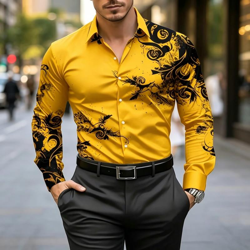 Men's Red Black Baroque Floral Print Long Sleeve Shirt Slim Fit Button Down Casual Business Dress Shirts