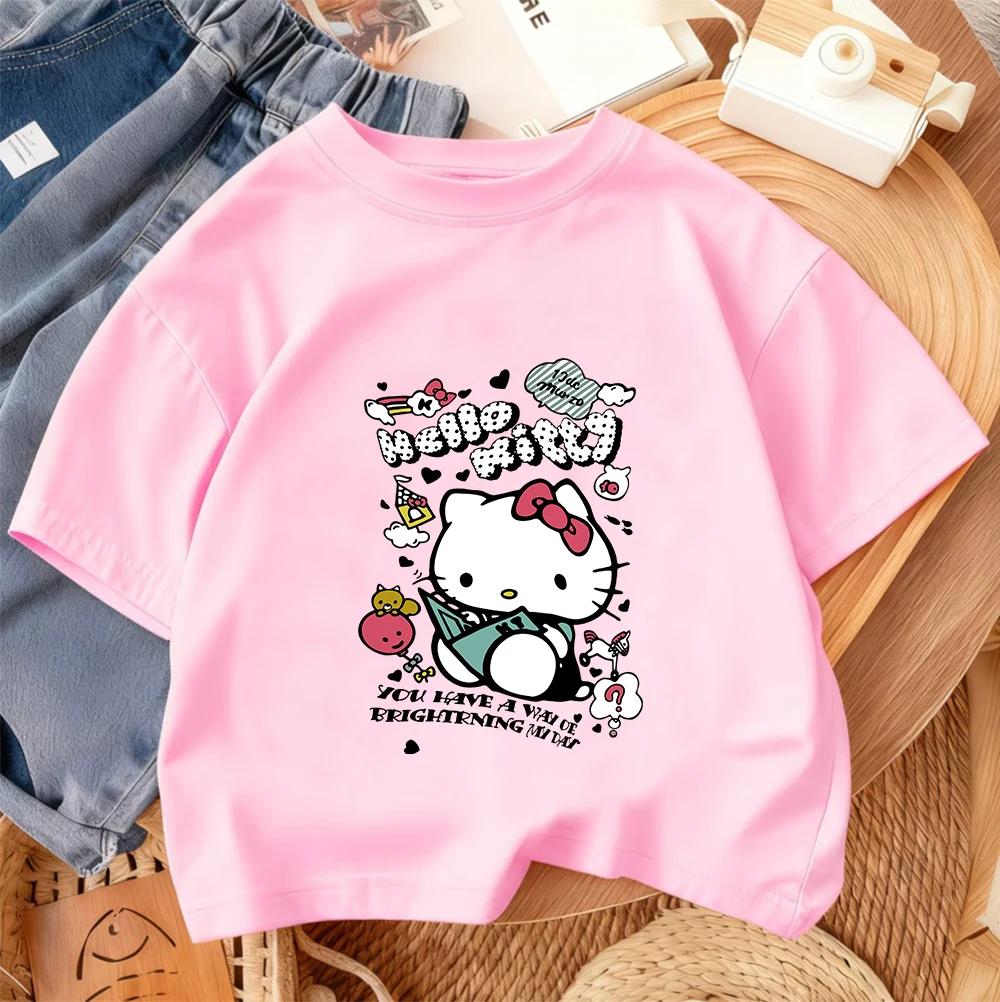 

Детская футболка Hello Kitty, Мультяшная милая летняя с круглым вырезом, Модная, Хит продаж 100