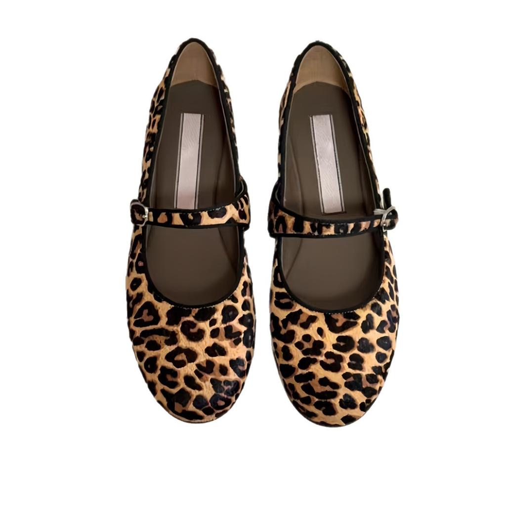 2025 Autumn New Round Head Ballet Shallow Mouth One-word Buckle Flat Bottom Leopard Print Single Shoes Female Mary Jane