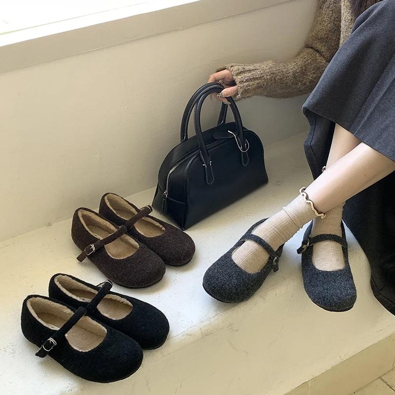 Módní Zimní Teplé Fleecové Dámské Boty Mary Jane Módní Mělké Roztomilé Baleríny Pohodlné Venkovní Boty s Měkkou Podrážkou