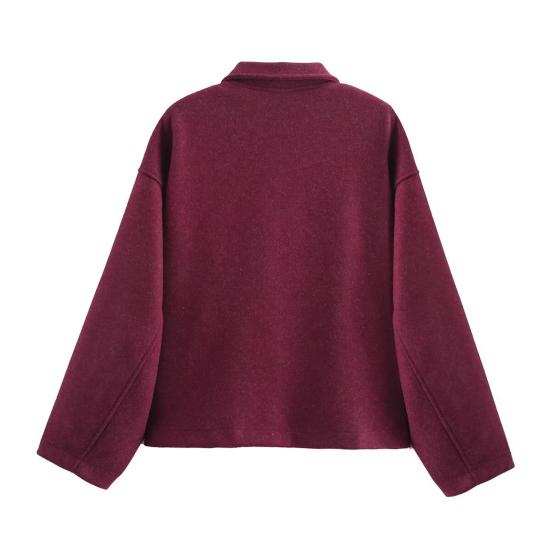 Damjacka i ull med dragkedja, lång ärm, slag, kort erdbönskappa, ledig höst/vår ytterkläder med fickor