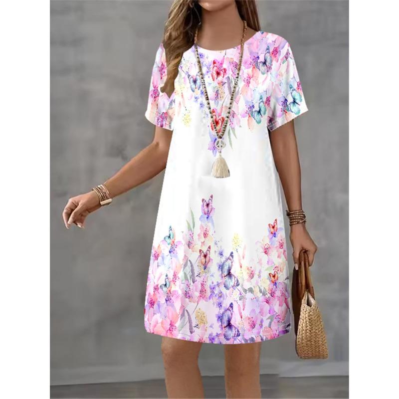 Women's Summer Flower Printed Short Sleeve Round Neck Dress 2025 Fashion New Style Design Sense Elegant Women's Mini Dress