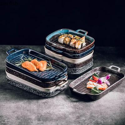 Keramik Doppelohr Gestreifte Backplatte Retro Sushi Sashimi Platte Dessertteller Salatteller Restaurant Spezialgeschirr