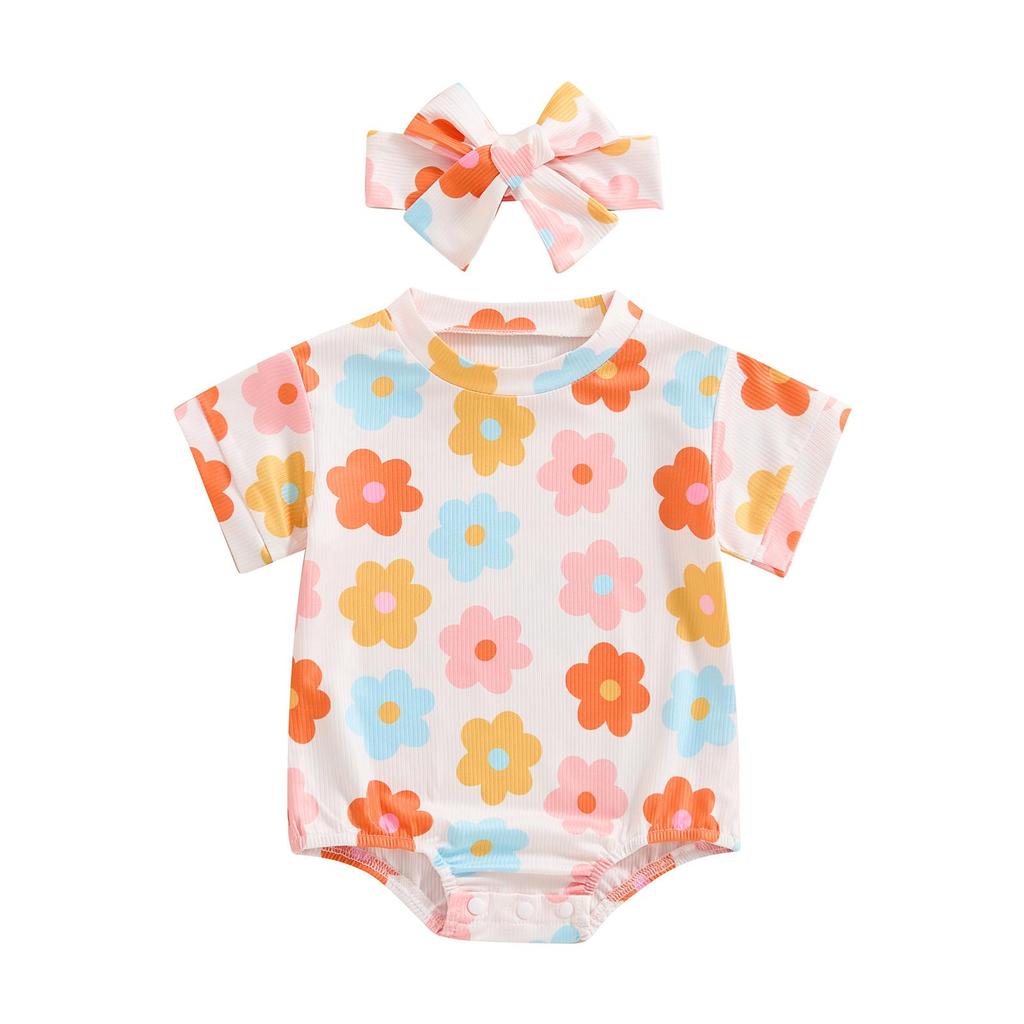 Baby Girls Summer Casual Romper 3 6 12 18 Months Short Sleeve O Neck Floral Print Romper with Headband