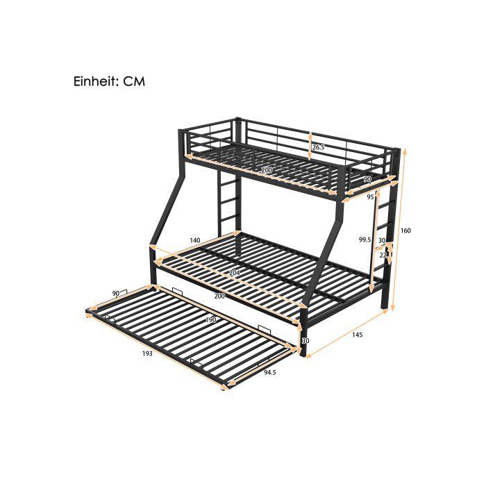 Lit Superposé En Métal - MUVOE - 90(140)x200 Cm - Noir - Échelle Des Deux Côtés - Lit Escamotable