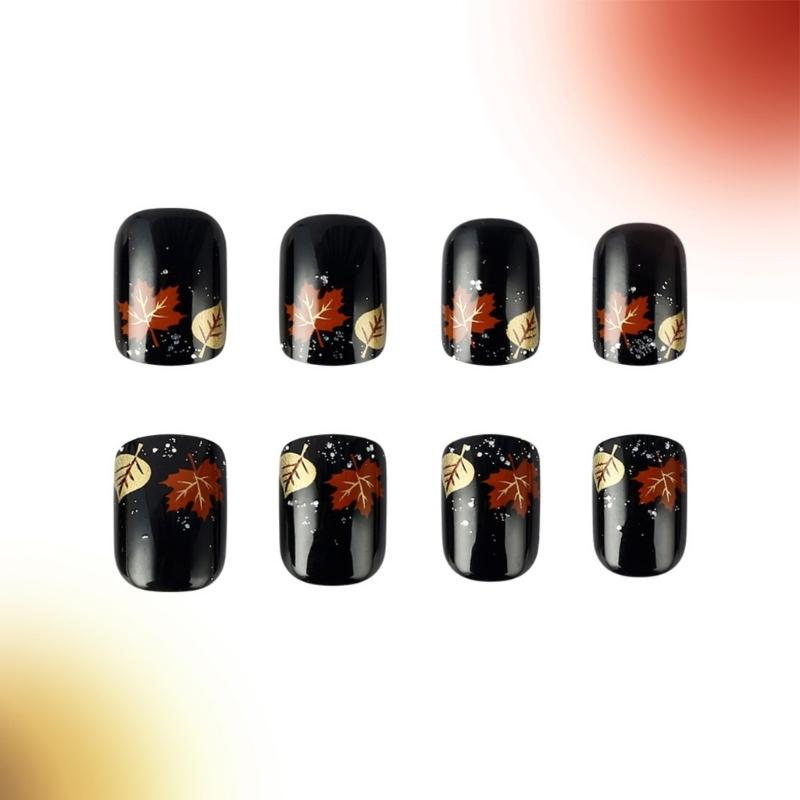 Short Square Press on False Nails Maple Leaf Pumpkin Nail Art Decoration Thanksgiving Day Manicure for Women and Girls