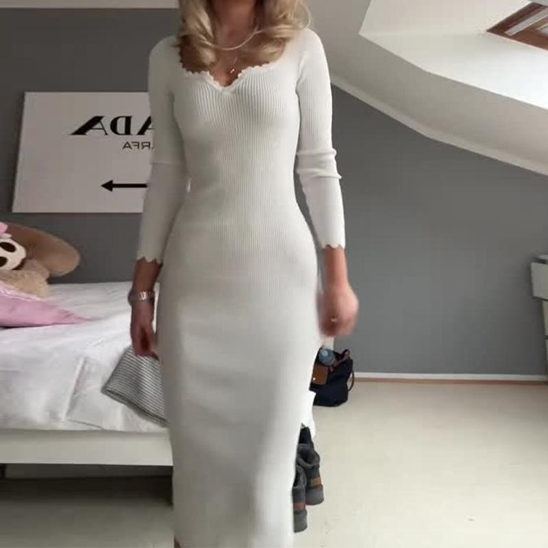 2024 Autumn European & American Pure Desire Lace Collar Slim Fit Knitted Top Dress for Women