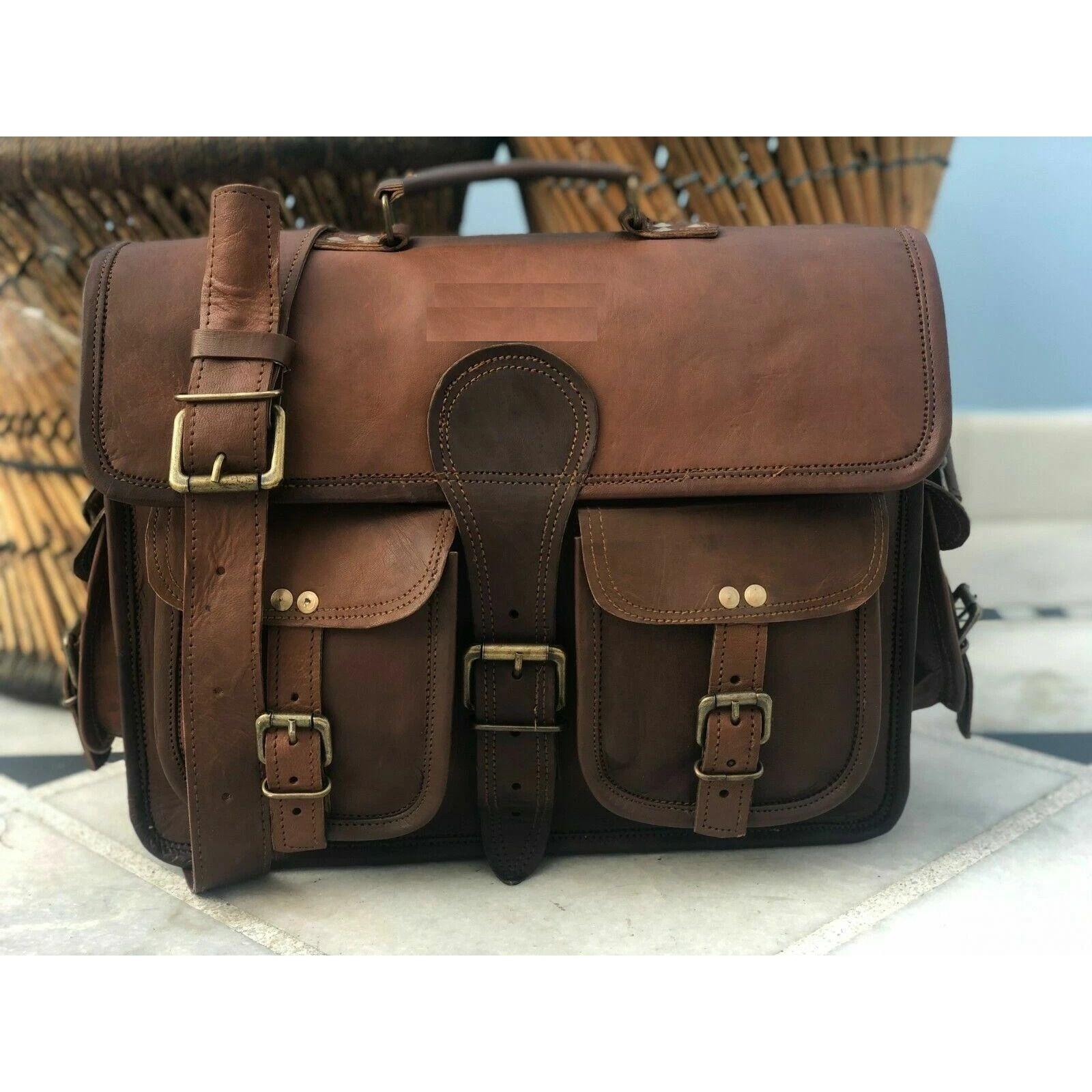 

Портфель-саквояж ручной работы Широкая сумка для ноутбука Мужской кожаный мессенджер для ноутбука 18 x 14 x 6 in