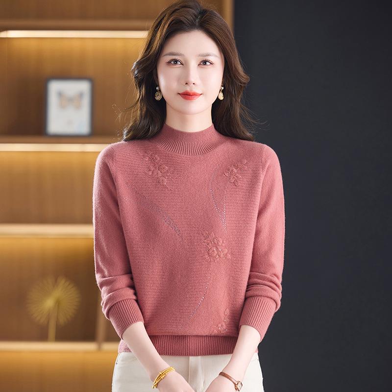 Autumn/Winter 100% Pure Wool Sweater for Mature Women - Knitted Base Layer with Stylish Embroidered Half-High Neck