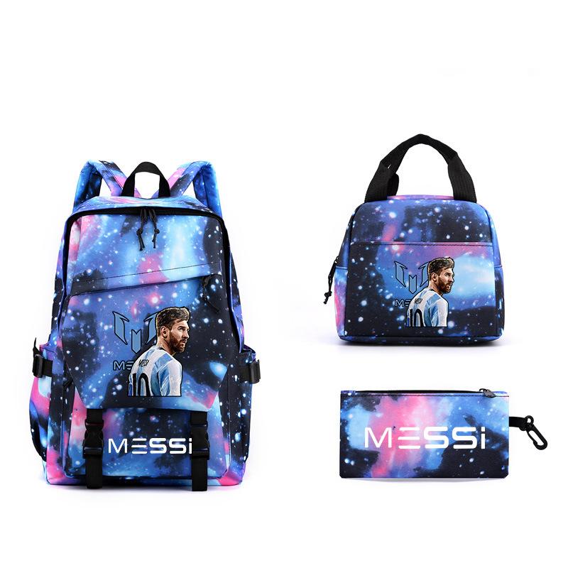 Messi Fußball Schultasche Sternenumrandung High School Mittelstufe Grundschüler Männer und Frauen Große Kapazität Dreiteiliger Rucksack