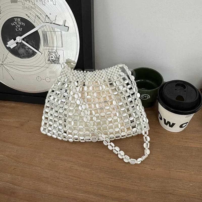 Yogodlns Women Summer Woven Hand Bag Luxury Design Hollow-out Silver Hand Woven Single Shoulder Underarm Bag