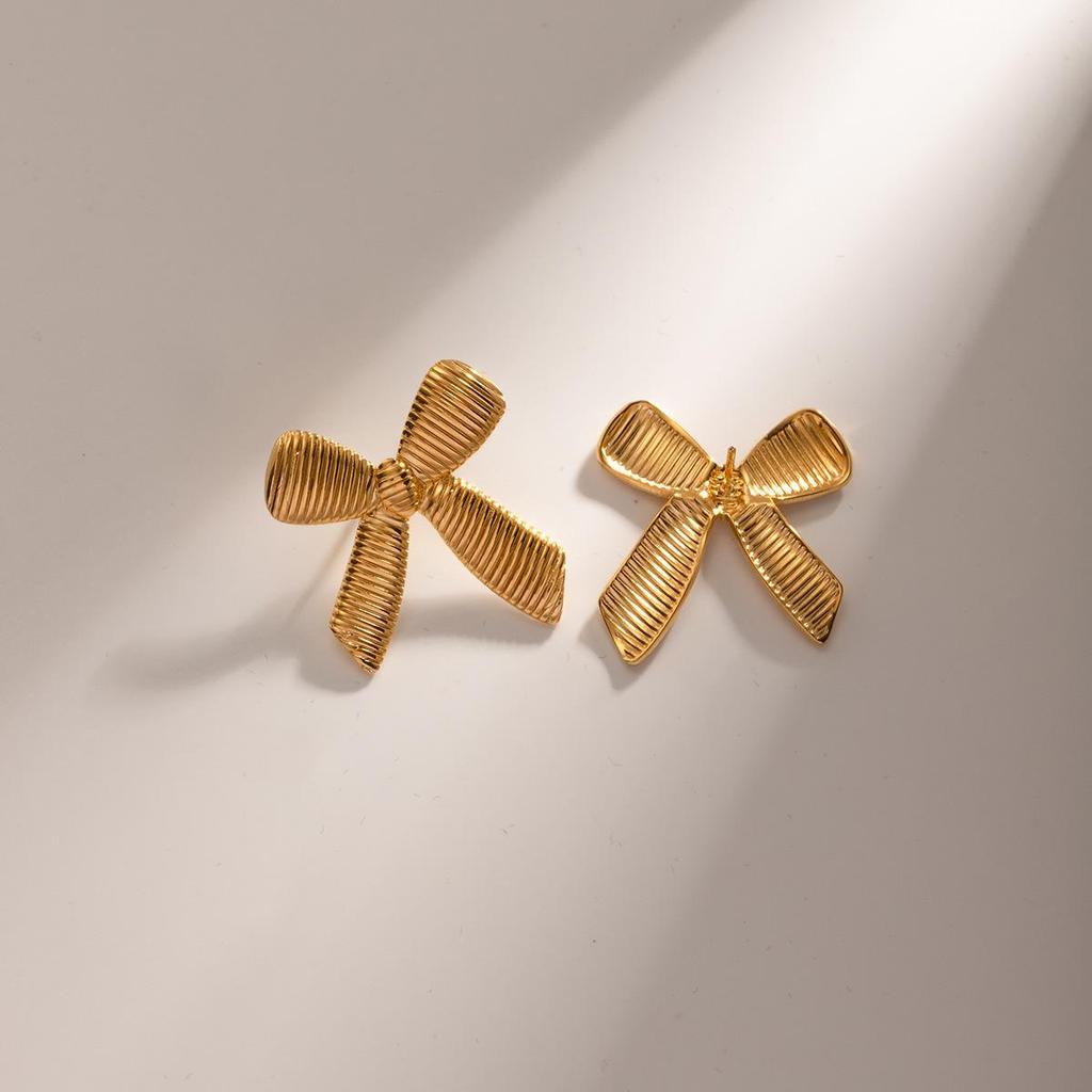 18K Gold Stainless Steel Bow Earrings: Colorfast Striped Studs for Women
