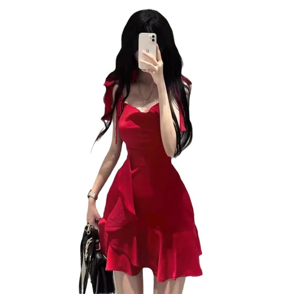 Vestido Rojo Sexy de Tirantes Finos con Parches para Moda de Verano