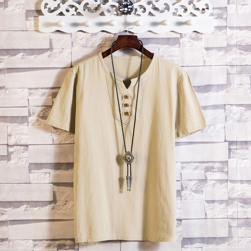 Men's Large-Size Chinese Style Casual T-Shirt - Solid Color  Imitation Cotton and Linen Short-Sleeved