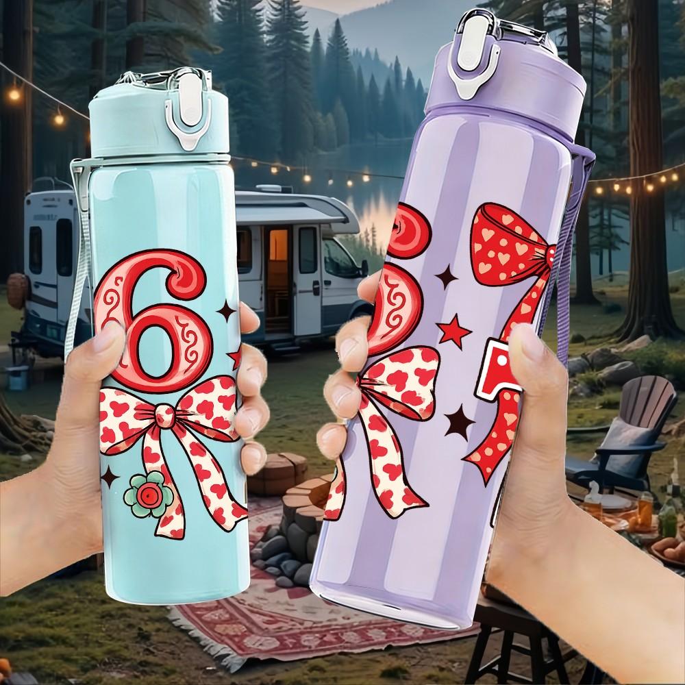 1PC Number Six Seven Bow Design 750ml Color Plastic Sports Water Bottle Leakproof Flip Straw Lid Suitable for Sports Office Home Use