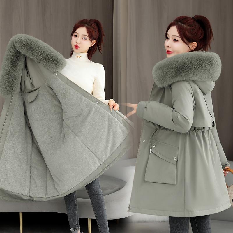 Mid To Long Autumn And Winter Women's Fashionable Warm And Plush Thick Solid Color Parka Coat