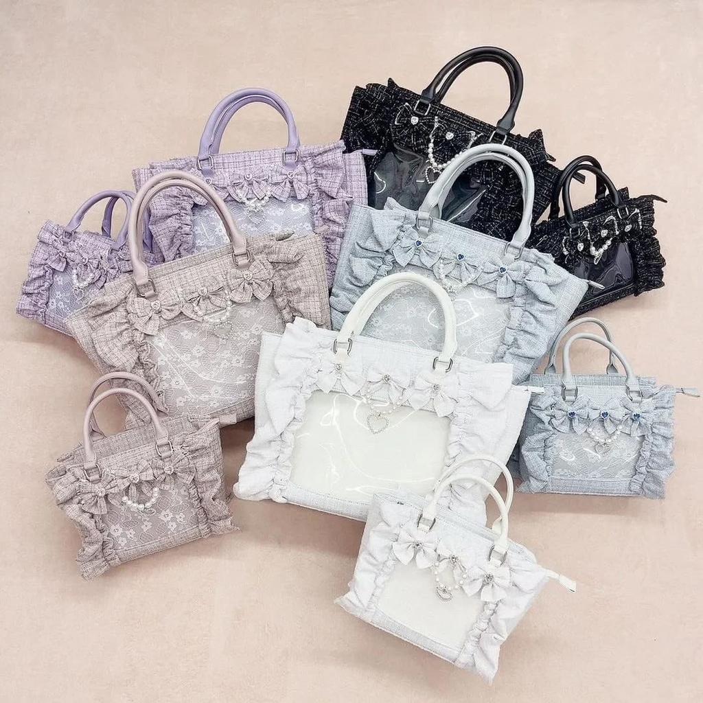 Jan étoile Ita Bag, All Lace, Ribbon, Pearl, and Ruffle Design, Feminine Handbag for Women, Large Capacity Shoulder Bag, Transparent, Stylish, Cute,