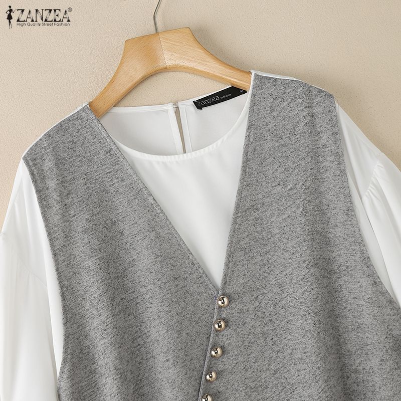 ZANZEA Women Casual Round Neck Long Sleeve Loose Patchwork Blouse