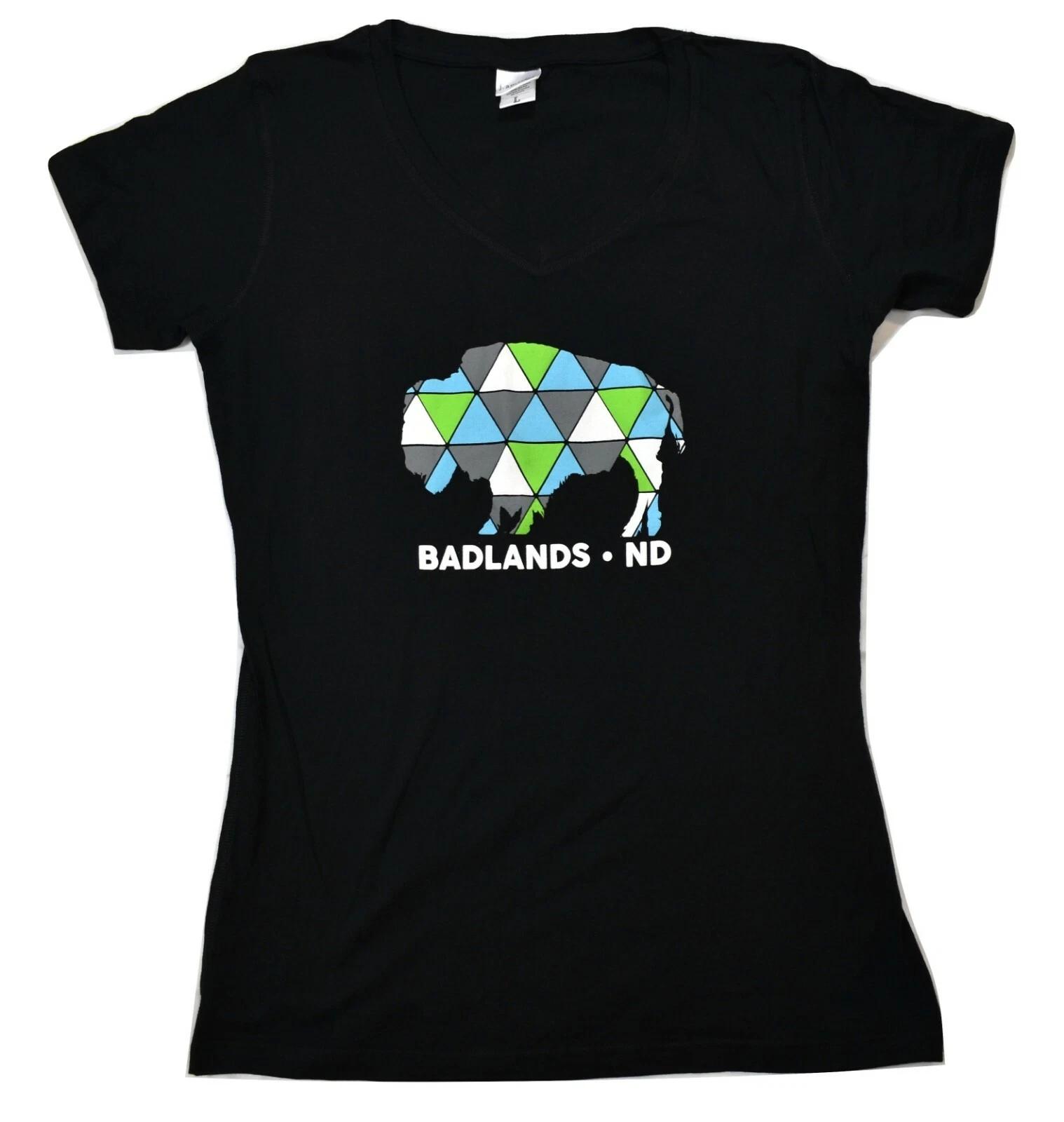 J America Womens Badlands ND North Dakota State Bison Black V-Neck Shirt New L 2XL