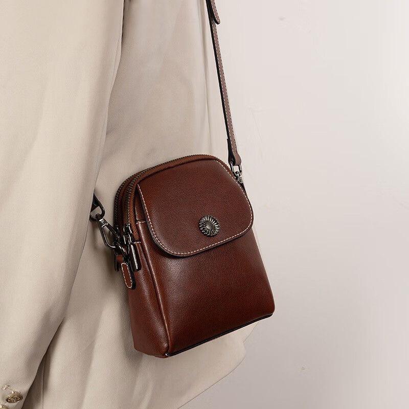 2025 New Genuine Leather Vertical Crossbody Bag for Women - Versatile, Multi-Layer, Fashionable, High-End Phone Bag