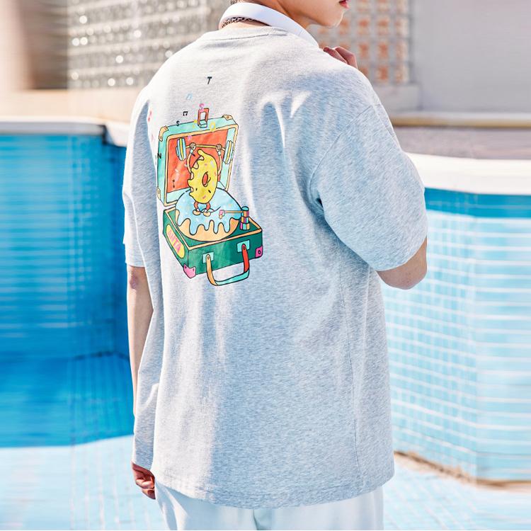 Anta Cartoon Letter Print Round Neck Short Sleeve T-Shirt Unisex Tops Gray 972328108-2