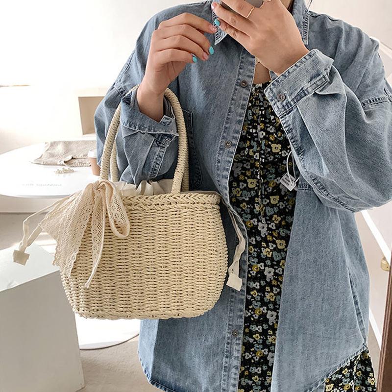 Geantă de mână din dantelă din paie de vară, geantă de plajă din ratan, cu capacitate mare