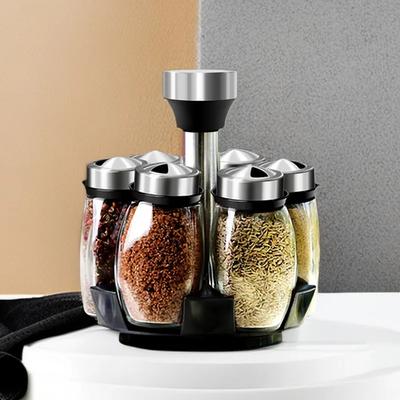 Otočný box na kořenky, Sada ochucených solí, Skleněný box na kořenky, Nerezová ocel na grilování, Pro kuchyň a domácnost, 7 ks