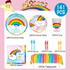 141pcs Rainbow Party Supplies,Rainbow Party Tableware Set - Rainbow Plates Cups Napkins Table Cloths for Baby Shower, Rainbow Birthday Party Supplies