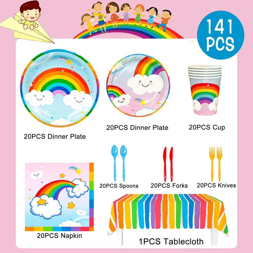 141pcs Rainbow Party Supplies,Rainbow Party Tableware Set - Rainbow Plates Cups Napkins Table Cloths for Baby Shower, Rainbow Birthday Party Supplies