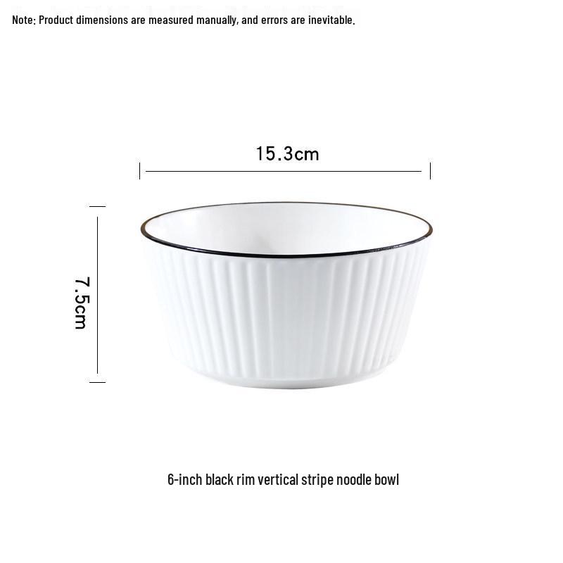 Set of 4 Nordic Style 6-Inch Vertical Stripe Noodle Bowls, Microwaveable, Simple Underglaze Design, Ideal for Soup and Instant Noodles.