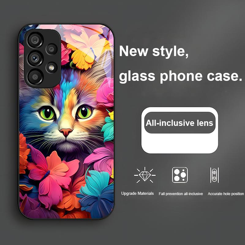 Bunte Blumenkatze Grün Für Samsung Galaxy S24 Plus S20 21 FE S23 Ultra S8 9 A70 72 73 50 51 52 53 Gehärtetes Glas Handyhülle