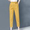 Women Flower Bud Elastic Waistband Lace-up Cropped Pants Straight Leg Solid Color Thin Harem Casual Trousers