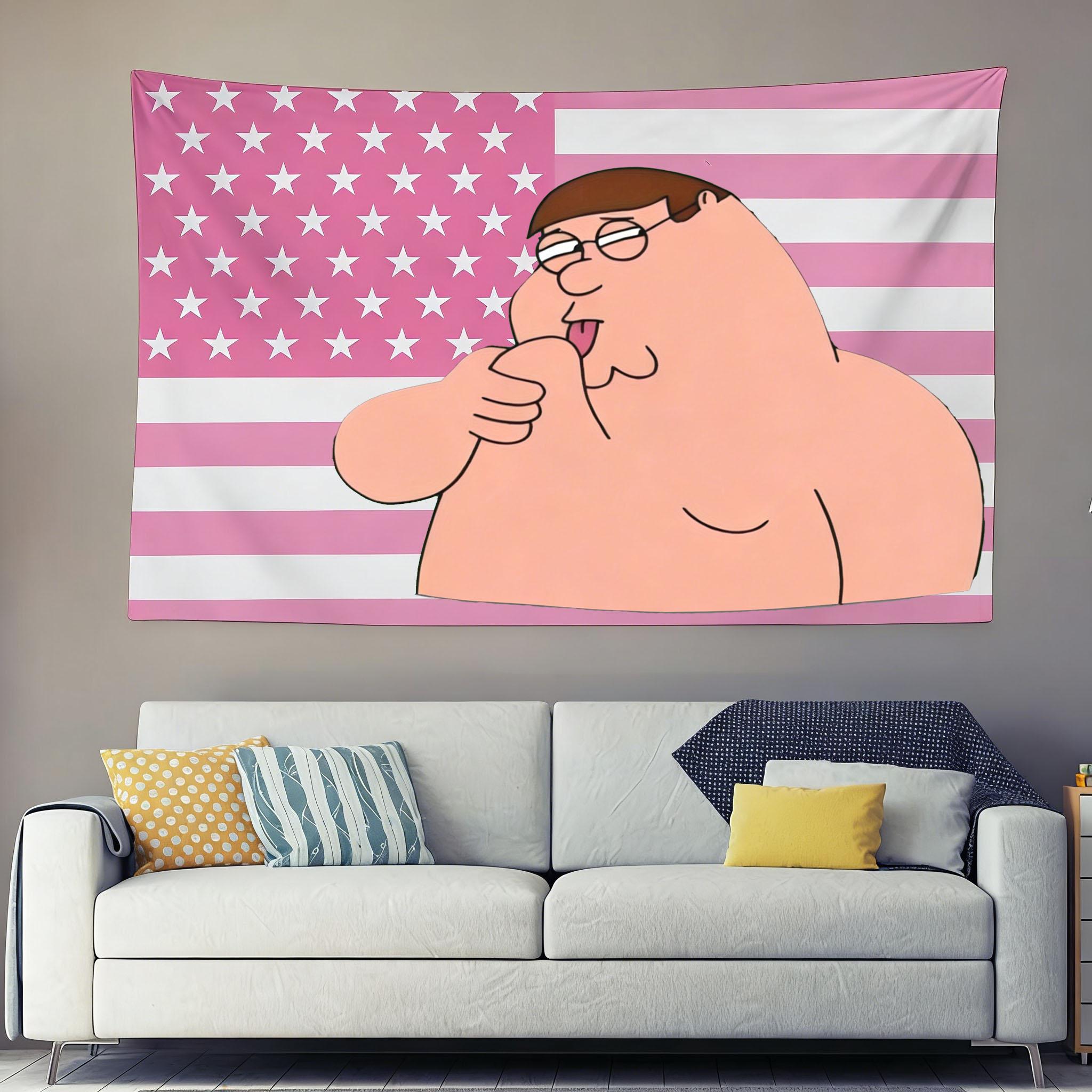 

New Peter Griffin Theme Cartoon Printed Tapestry Pink American Flag Wall Hanging Aesthetic Wall Decor for Dorm Bedroom 74x94cm(29x37in)