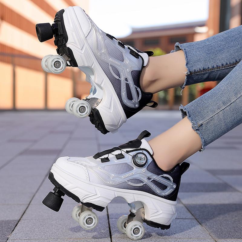 35-44 Boys/ Mens Skate Shoes Walking Shoes  Four-wheeled Roller Skates for Women One-button Retractable Adult Double-row Deformation Shoes