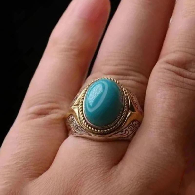Creative Exquisite Glossy Retro Vintage Ethnic Style Mongolian Turquoise Mens Rings Elliptic Blue Ring Banquet Fine Jewelry