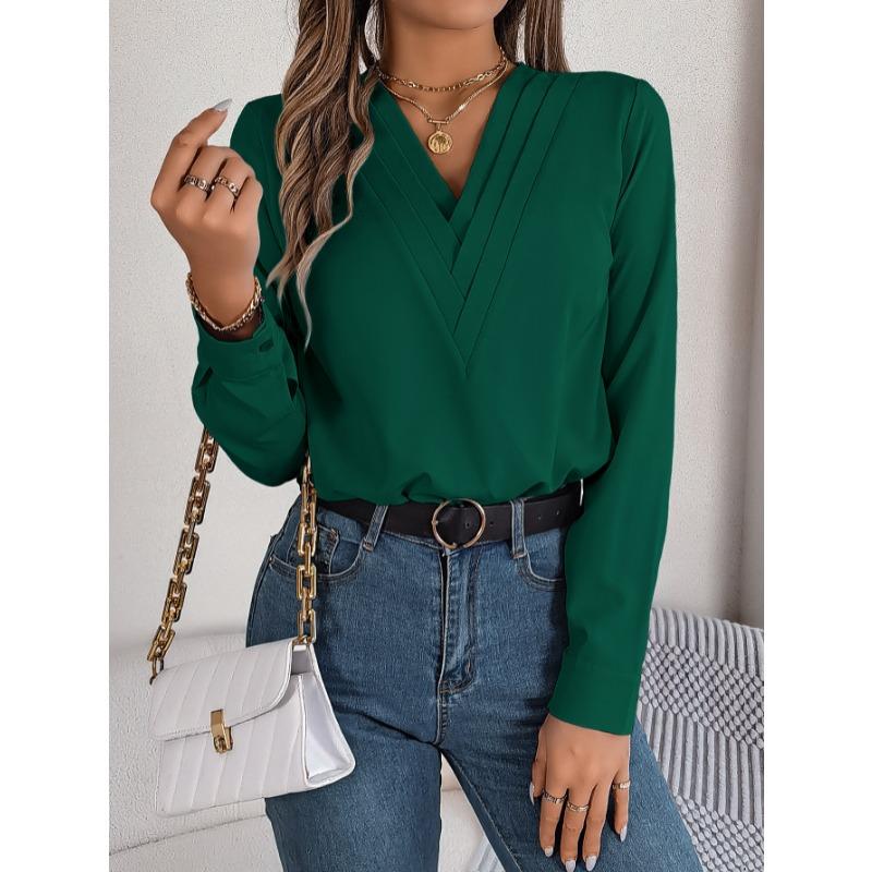 Elegant Fashion Layered V-neck Long Sleeved Women Shirt Solid Color Loose Casual Simple Office Blouse Ladies Basic Spring Autumn Tops Women's Clothing